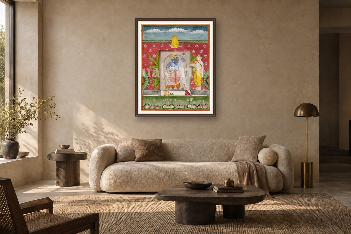 Red Shrinath Ji Darshan Pichwai styled in a premium living room