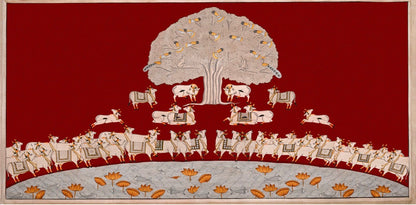 Horizontal red Pichwai artwork with white cows, Tree of Life, birds and a lotus pond