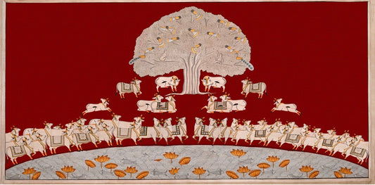 Horizontal red Pichwai artwork with white cows, Tree of Life, birds and a lotus pond