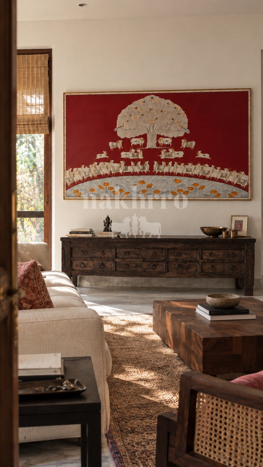 Red Tree of Life with cows Pichwai displayed above a wooden console