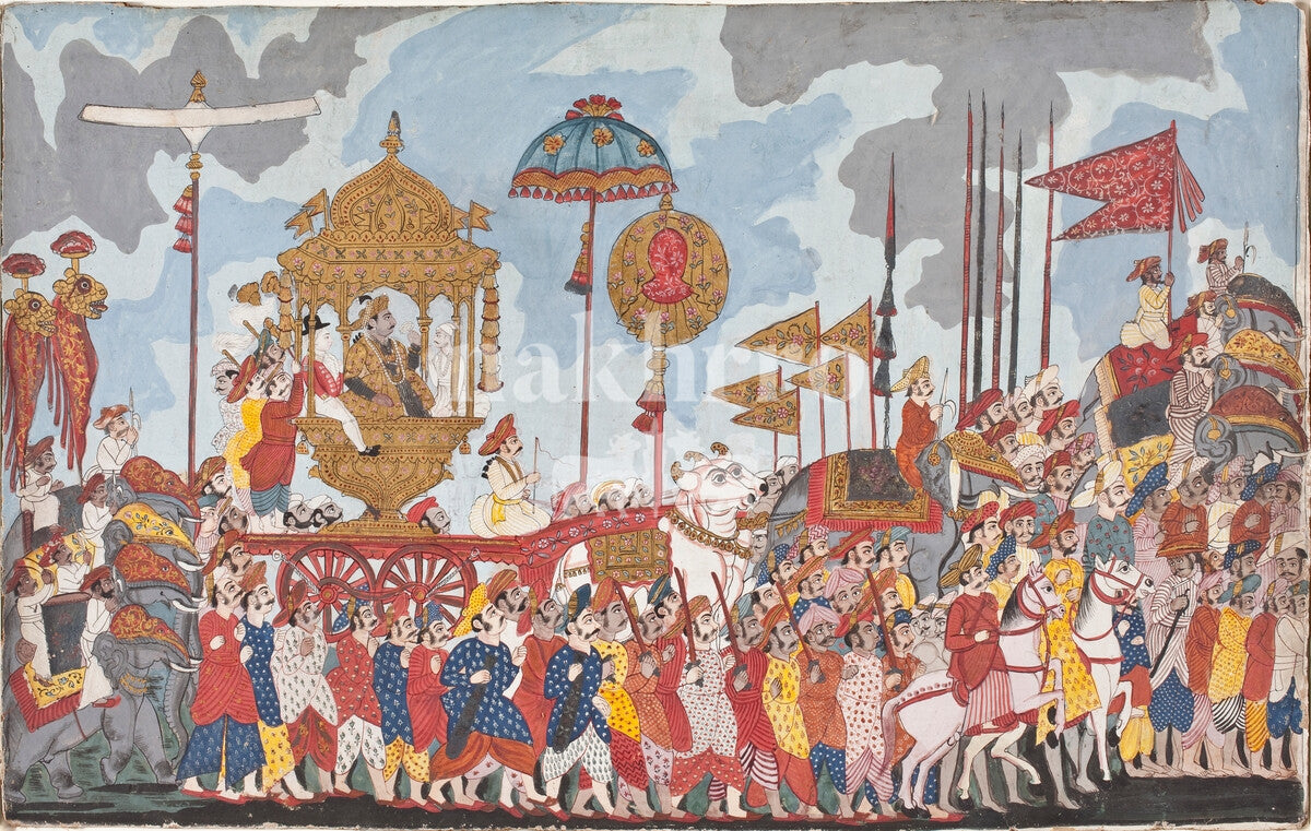 Regal Indian royal procession with elephants, horses and attendants art print
