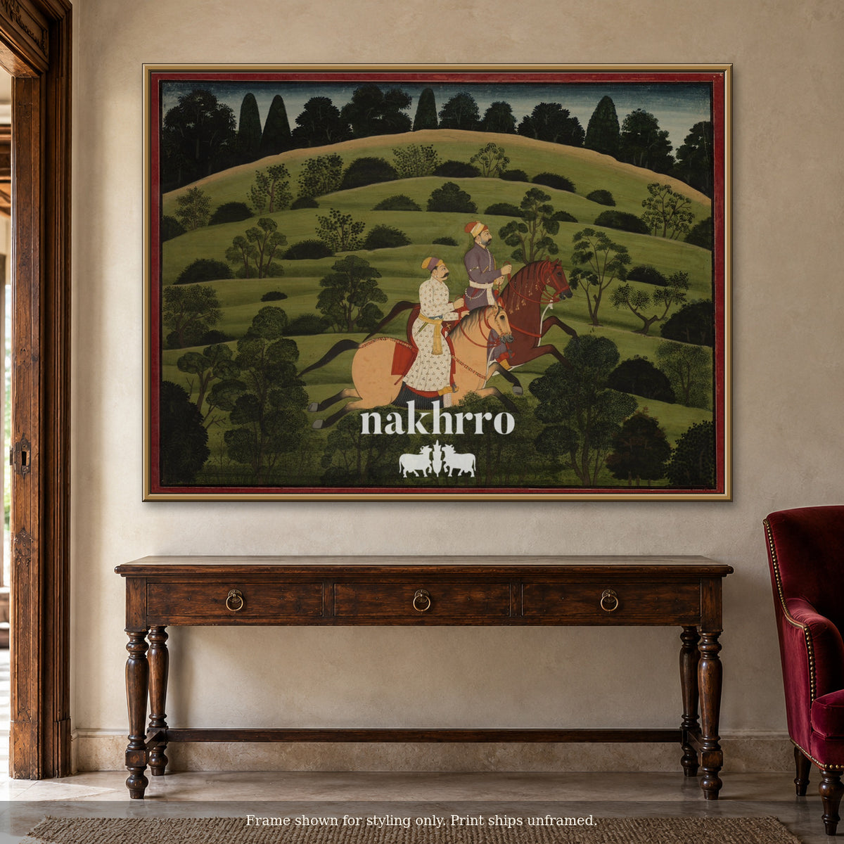Riders in the Green Hills — warm foyer framed styling mockup, print ships unframed