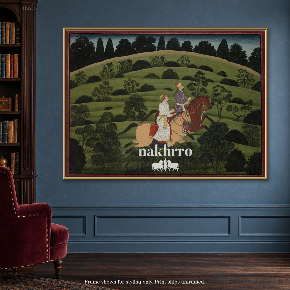 Riders in the Green Hills — blue reading room framed styling mockup, print ships unframed