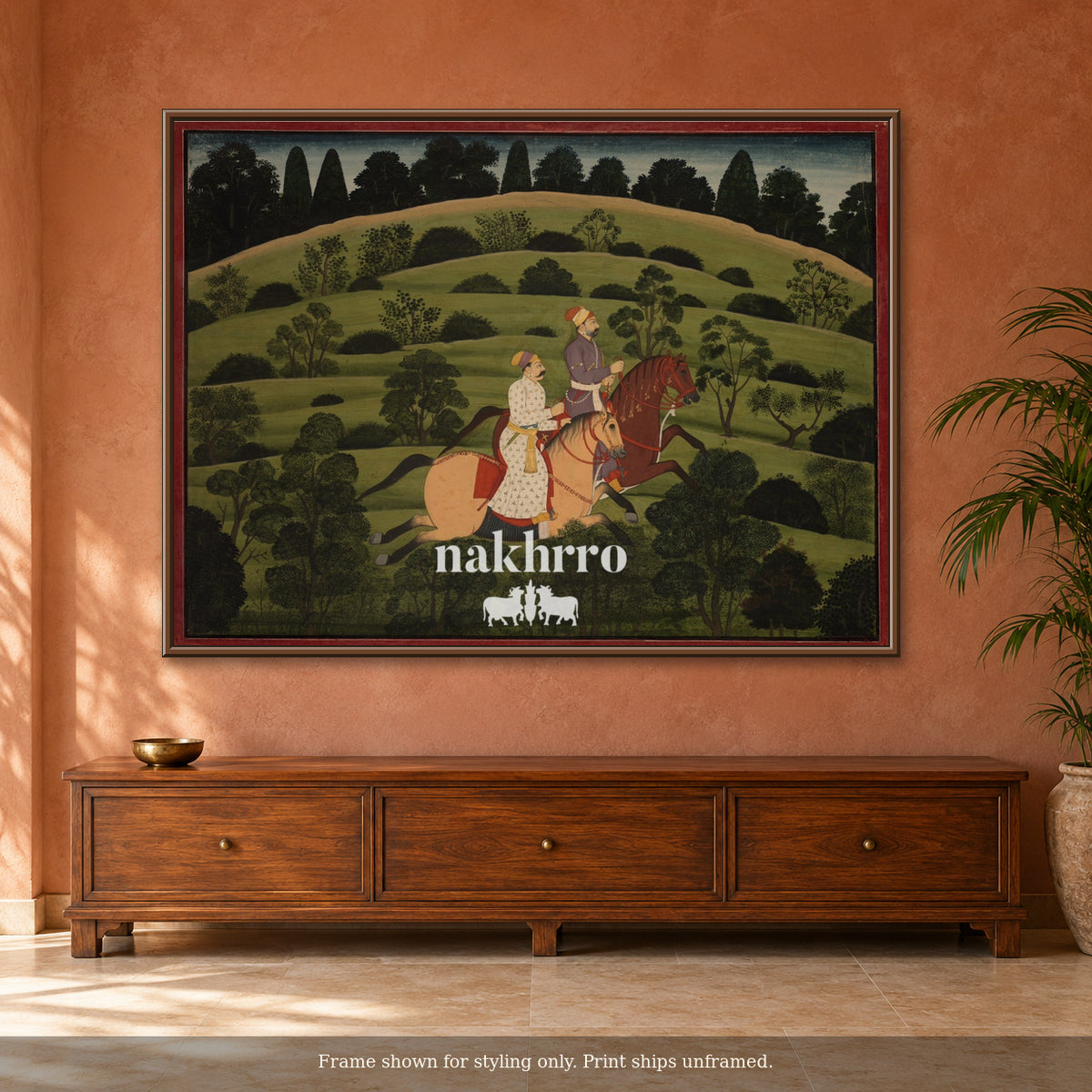 Riders in the Green Hills — terracotta room framed styling mockup, print ships unframed