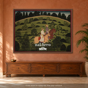 Riders in the Green Hills — terracotta room framed styling mockup, print ships unframed