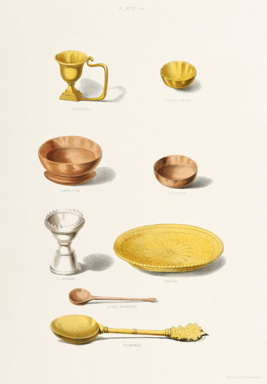 Brass, copper and silver-toned vessels are arranged in a precise study of ceremonial tableware on an ivory ground.