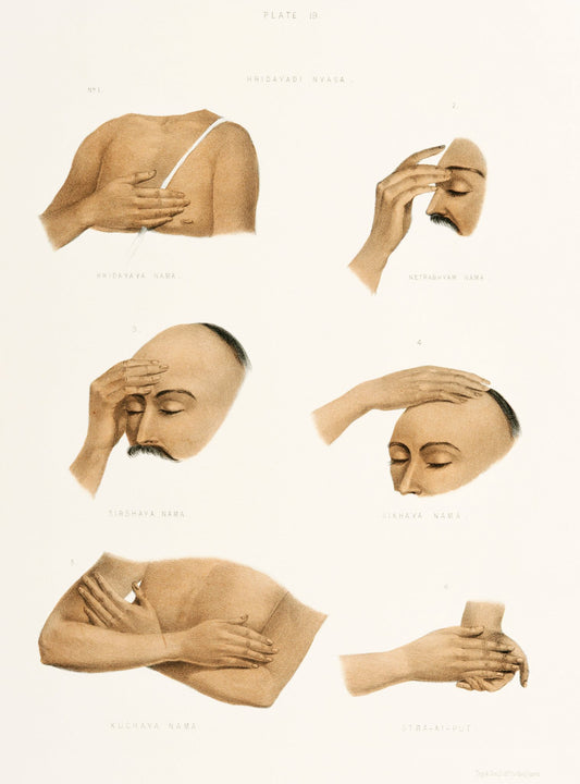 A sequence of finely drawn studies records the placement of hands across the face and upper body during ritual practice.
