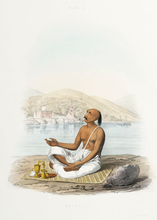 A seated priest holds one hand outward beside ritual vessels, with a distant shoreline softly described behind him.