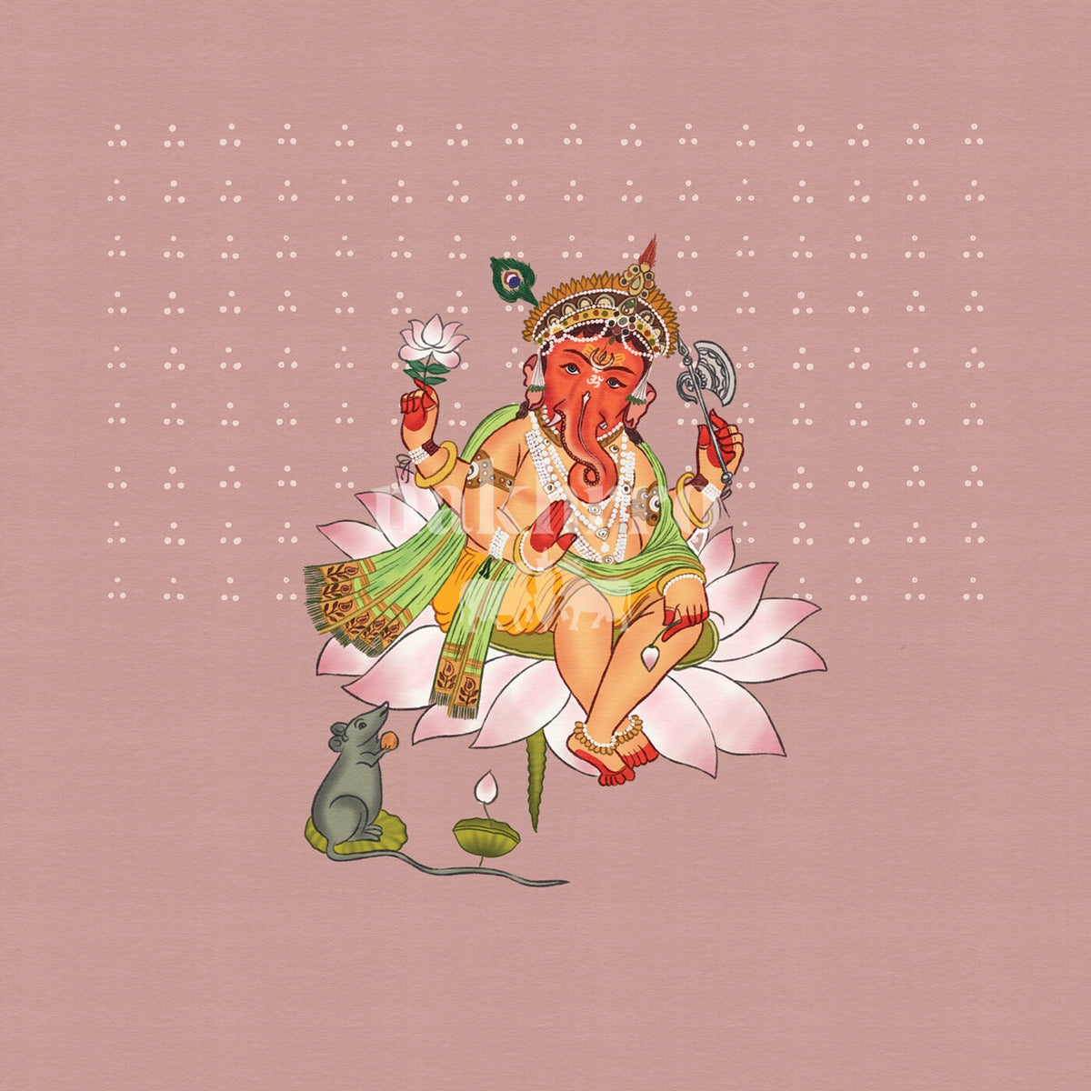 Ganesha seated on a pink lotus against a rose background