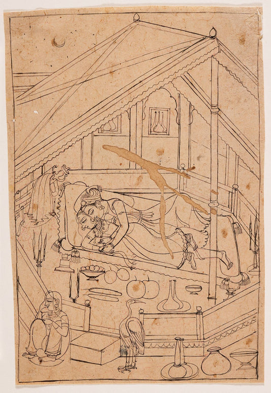 A reclining couple and attendants occupy a carefully drawn palace bedchamber, where fine lines describe cushions, steps and an angled roof.
