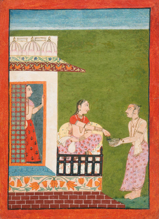 Three figures converse across a palace terrace, where fine brickwork, patterned garments and an open doorway create a poised scene.