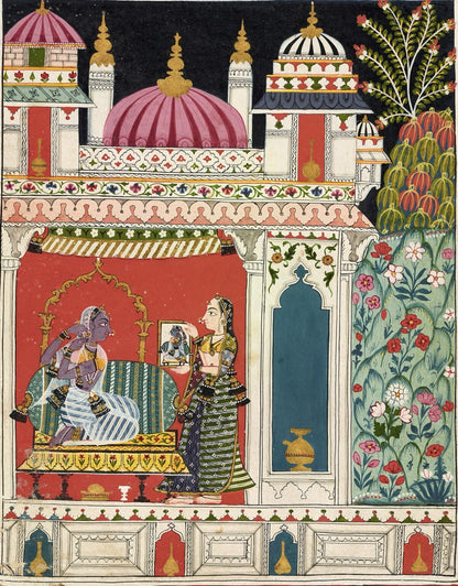 Indian miniature painting of a royal couple in a palace pavilion