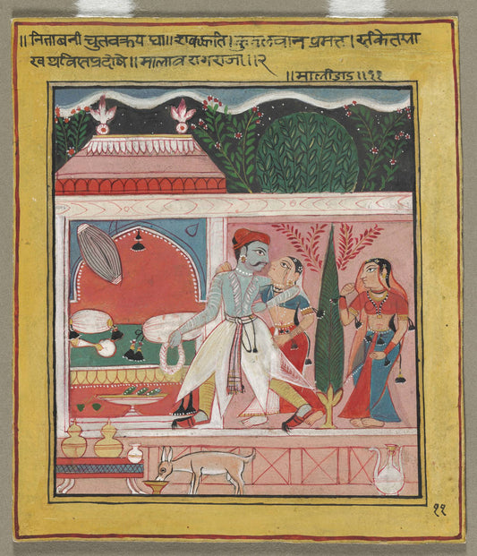 A pale-robed figure meets a woman at the threshold of a red palace chamber, accompanied by an attendant beneath a patterned night sky.