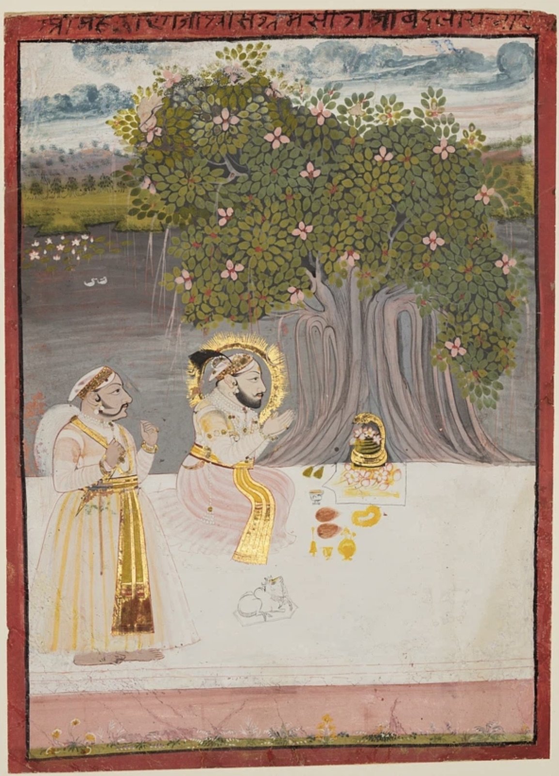 A royal devotee worshipping the Shivling beneath a flowering sacred tree