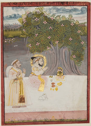 A royal devotee worshipping the Shivling beneath a flowering sacred tree