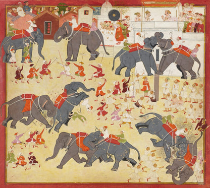 Mughal miniature painting of a royal elephant battle scene