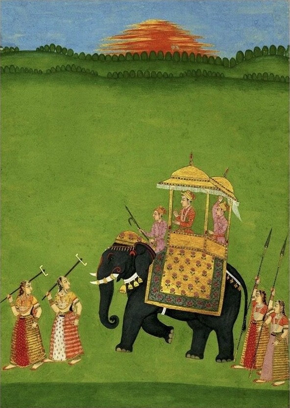 Royal Elephant Procession at Sunset | Indian Miniature Art Print