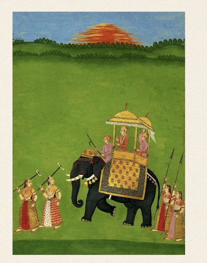 Indian miniature painting of a royal elephant procession at sunset
