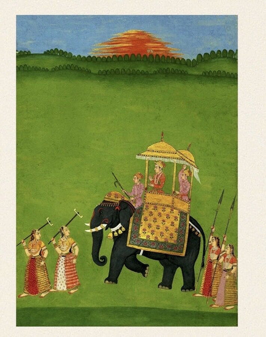 Indian miniature painting of a royal elephant procession at sunset