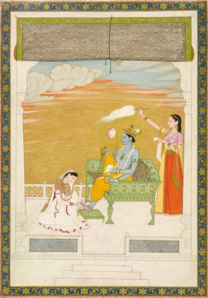Indian miniature painting of a royal garden conversation