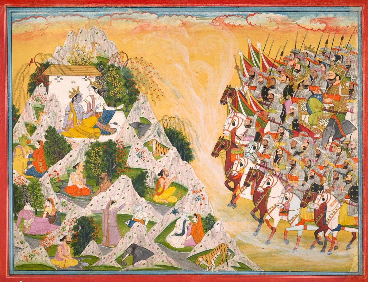Landscape Indian miniature painting of a royal hunt across the hills
