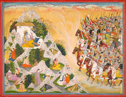 Landscape Indian miniature painting of a royal hunt across the hills