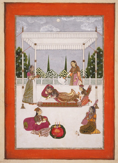 Indian miniature painting of a royal lady resting on a palace terrace