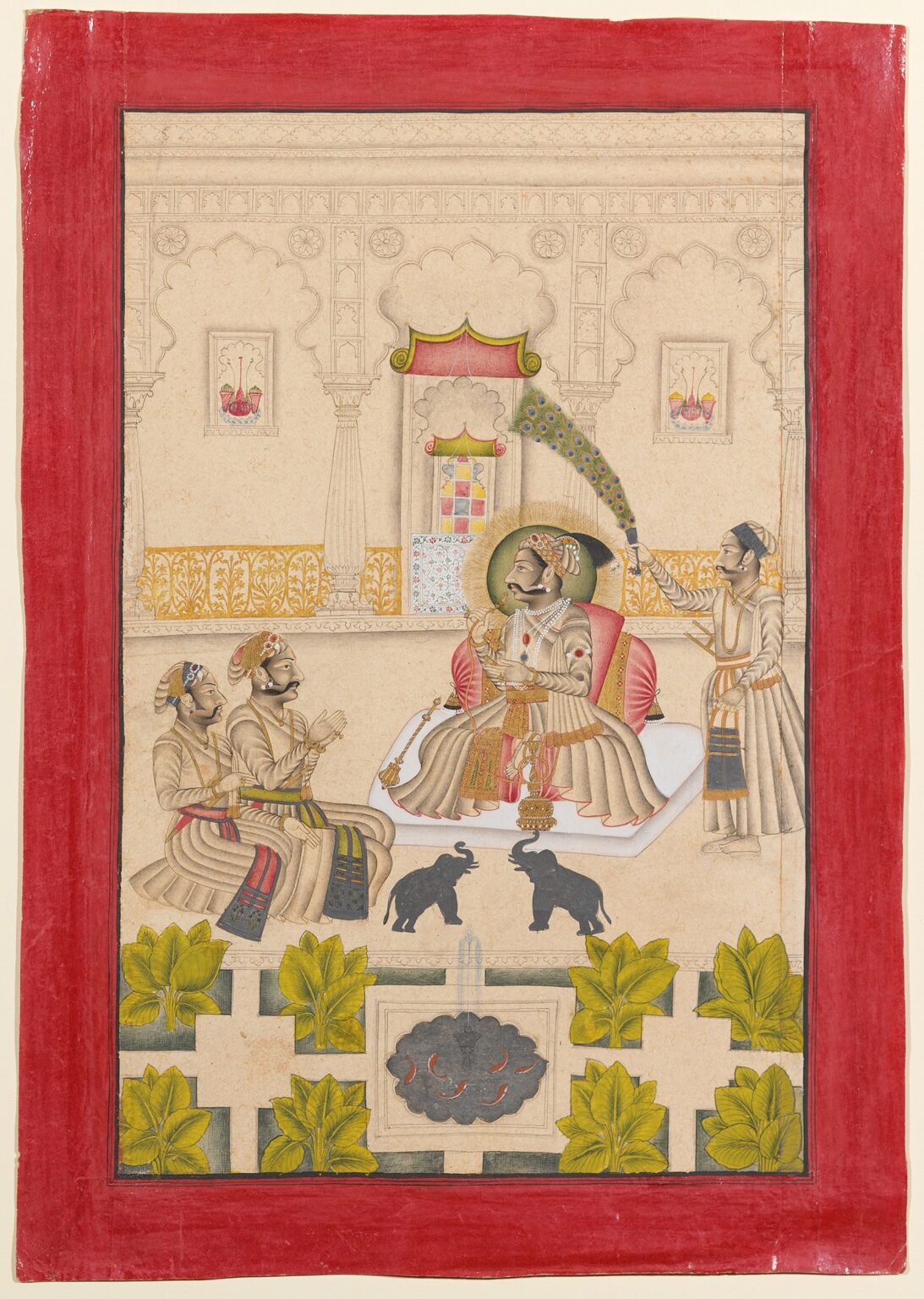 Indian miniature painting of a royal musician in a palace courtyard