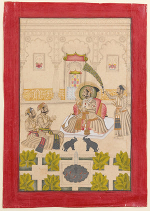 Indian miniature painting of a royal musician in a palace courtyard