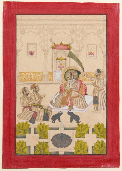 Indian miniature painting of a royal musician in a palace courtyard