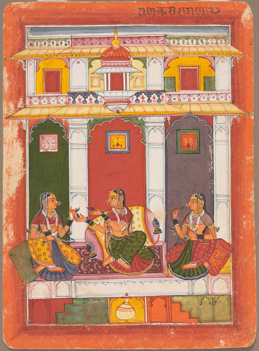A seated courtly figure is surrounded by musicians beneath colourful balconies, with ornate architectural details in coral, ochre and green.