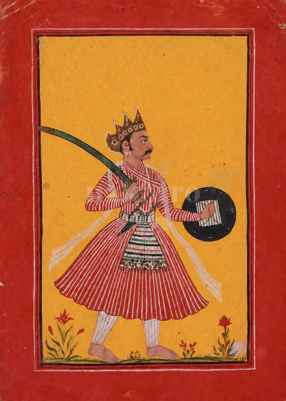 Royal Warrior with Sword and Shield — complete Indian miniature artwork with a translucent Nakhrro watermark