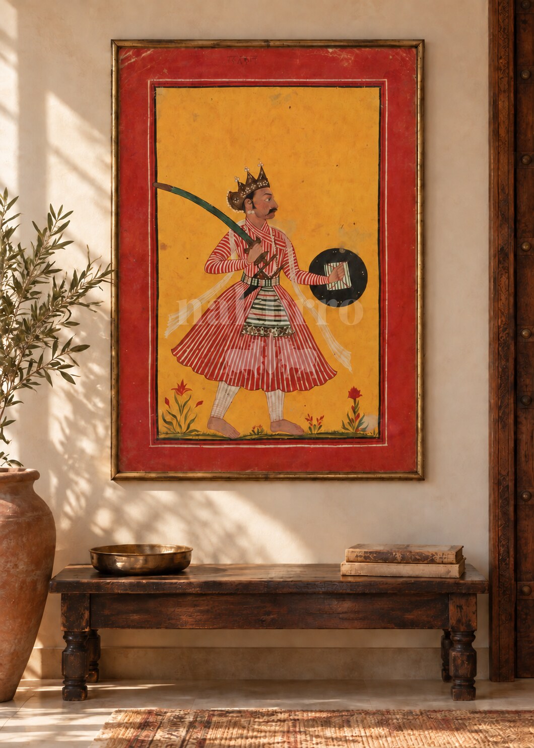 Royal Warrior with Sword and Shield framed art — entryway styling illustration