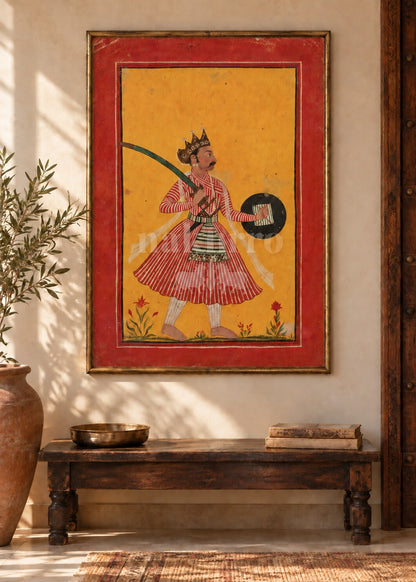 Royal Warrior with Sword and Shield framed art — entryway styling illustration