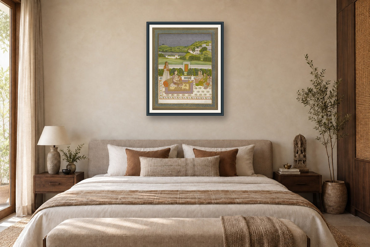 Royal Woman in Garden with Musicians museum-grade art print in a bedroom