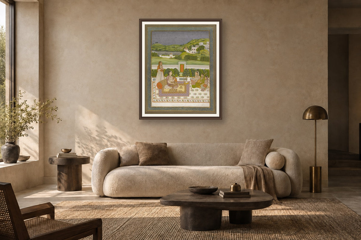 Royal Woman in Garden with Musicians museum-grade art print in a living room