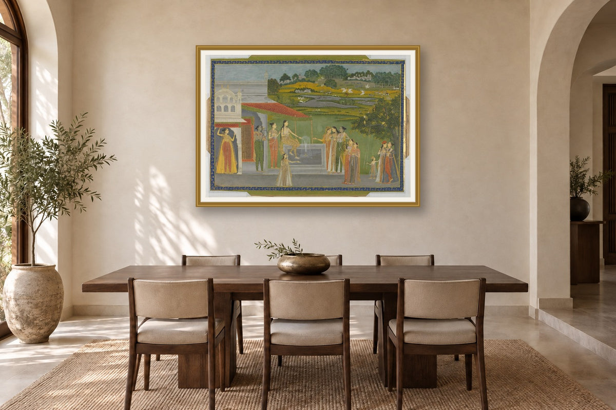 Royal Women at the Palace Fountain museum-grade art print in a dining room