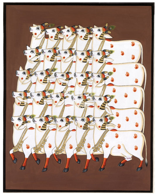Sacred cow procession traditional Pichwai art print