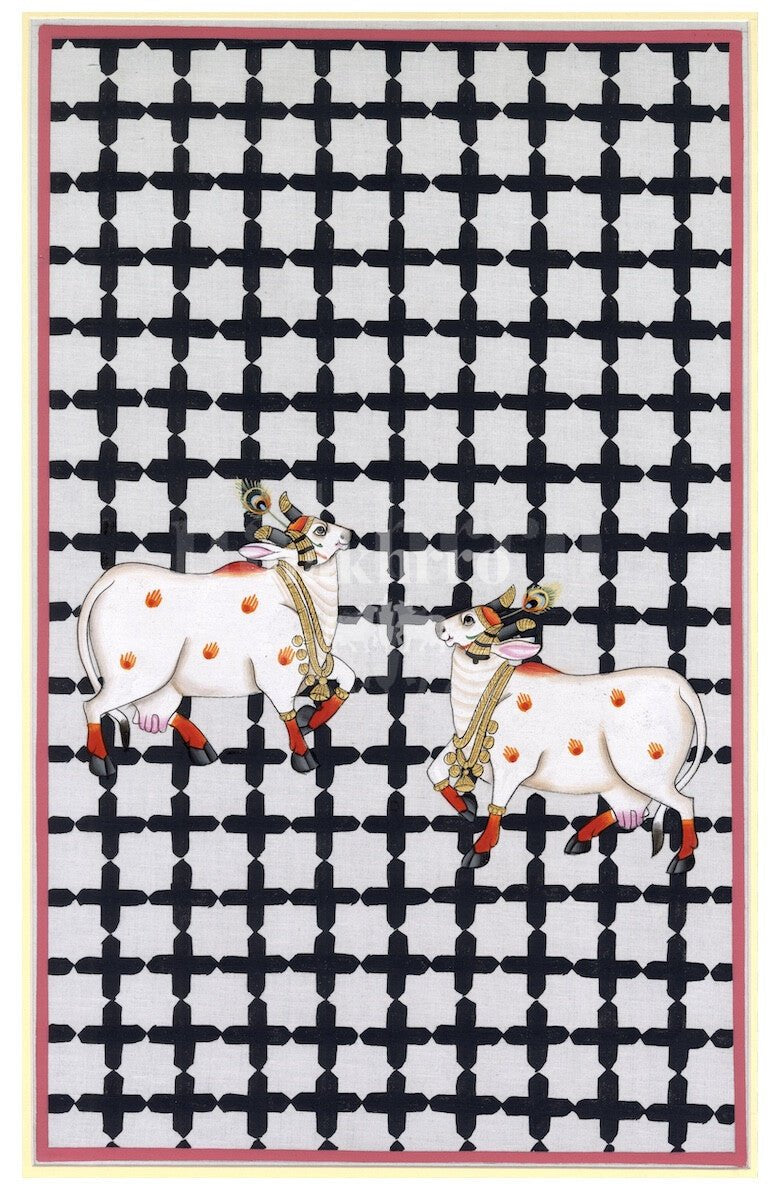 Sacred Cows on Black Geometric Lattice — artwork reference for hand-painted original