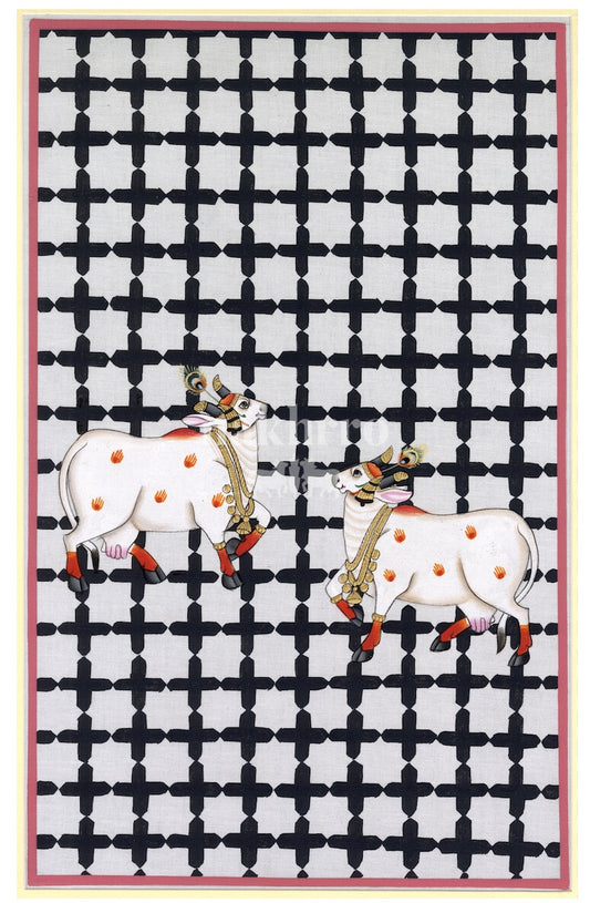 Sacred cows on geometric lattice Pichwai art print