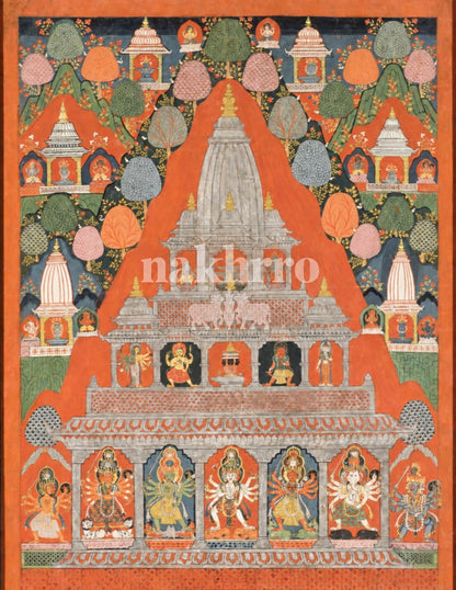 Sacred Temple Landscape — complete Thangka artwork with temple shrines, deity figures and patterned trees