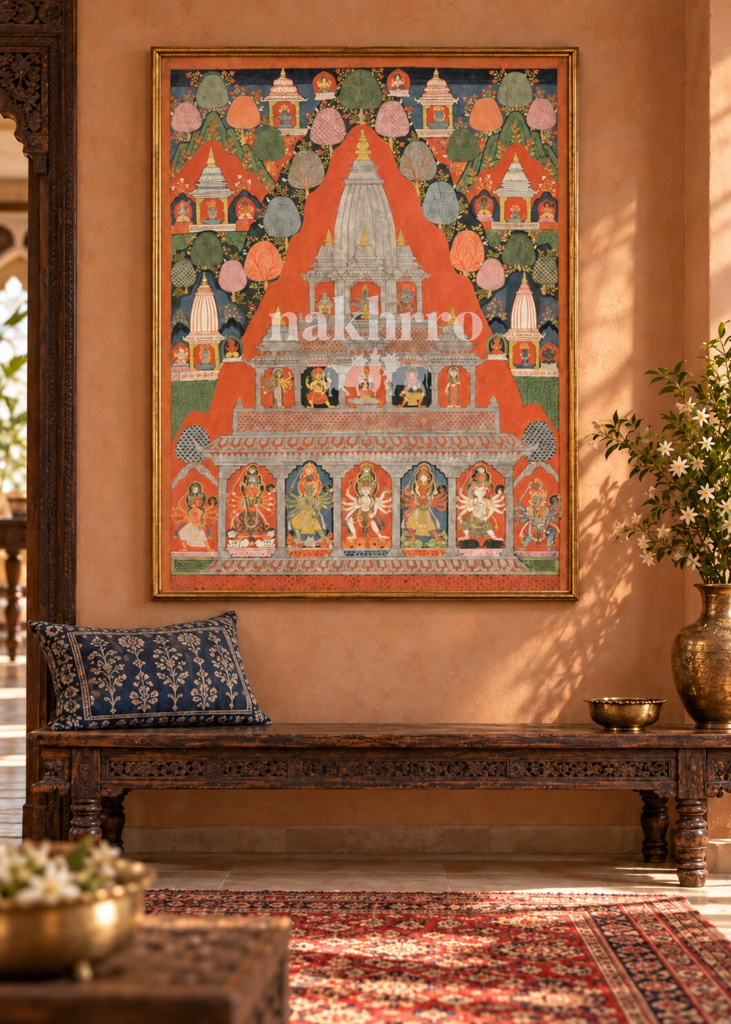 Sacred Temple Landscape Thangka framed art — entryway styling illustration