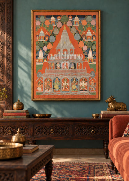 Sacred Temple Landscape Thangka framed art — living room styling illustration