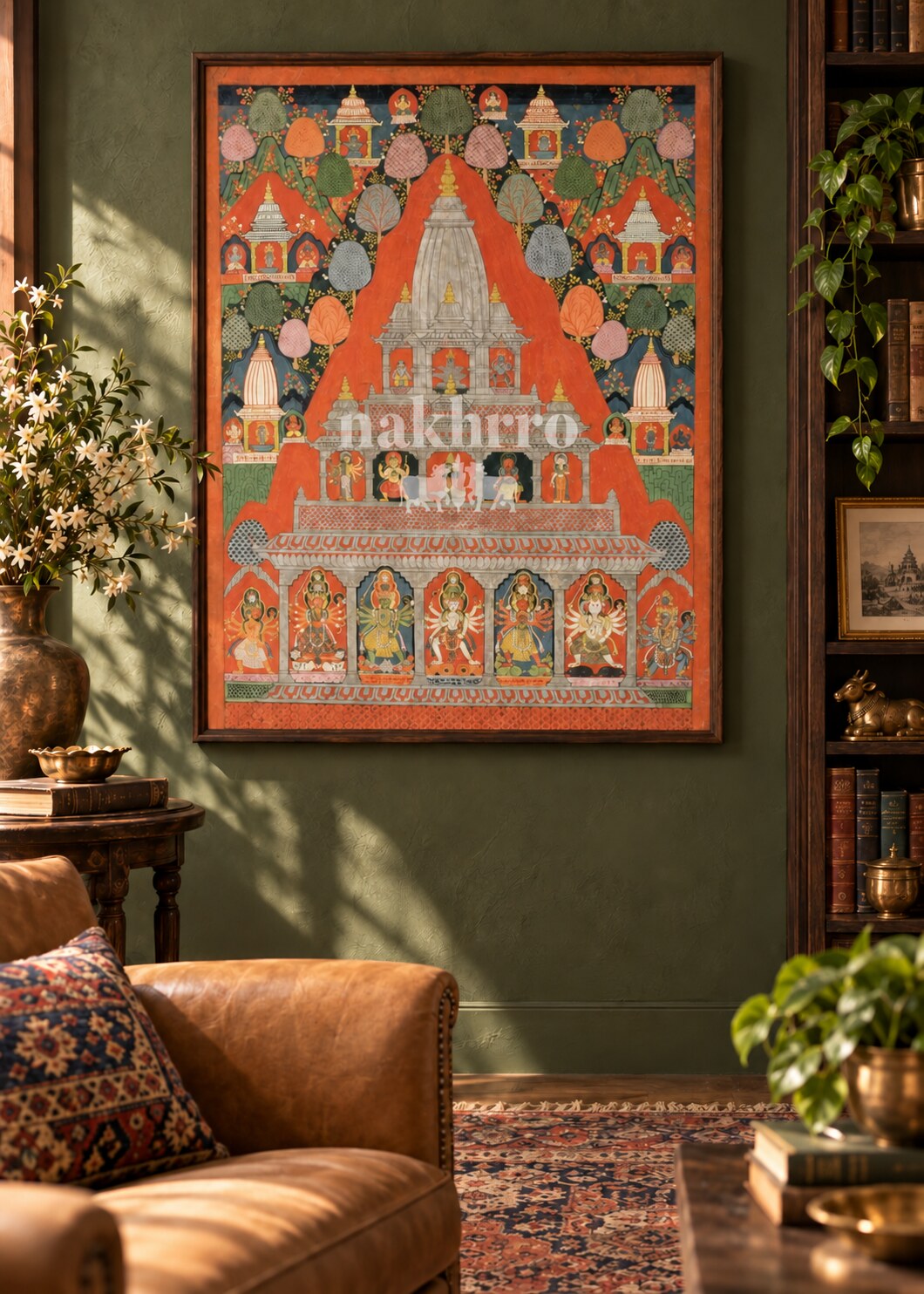 Sacred Temple Landscape Thangka framed art — reading room styling illustration