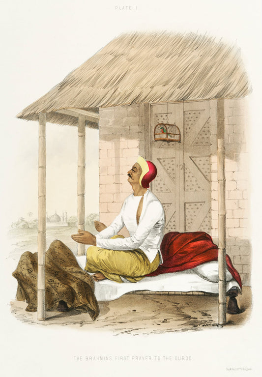 A seated scholar reads on a low bed under a rustic shelter, accompanied by small animals and carefully drawn domestic details.
