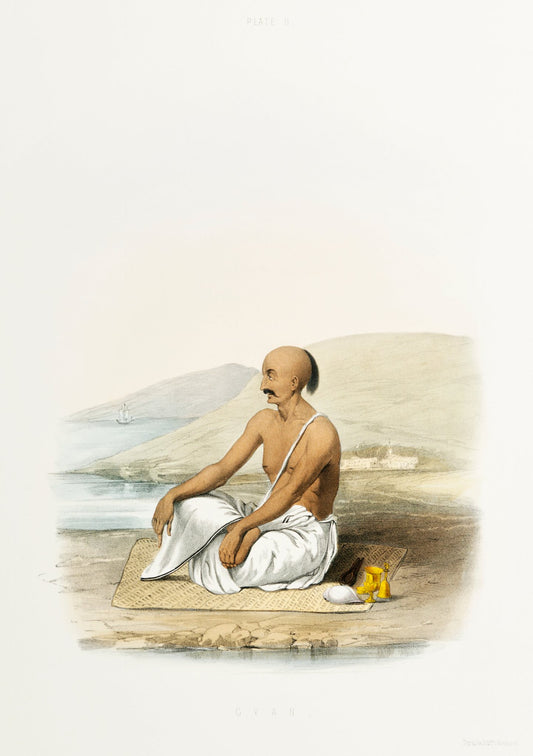 A contemplative figure in white sits beside water and a small ritual vessel, with a delicate wash of landscape behind him.