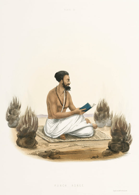 A bearded reader sits cross-legged with an open manuscript, surrounded by dark ritual forms on a pale, spacious ground.