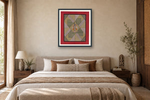 Shades Of Green Contemporary Geometric Pichwai styled in a premium bedroom