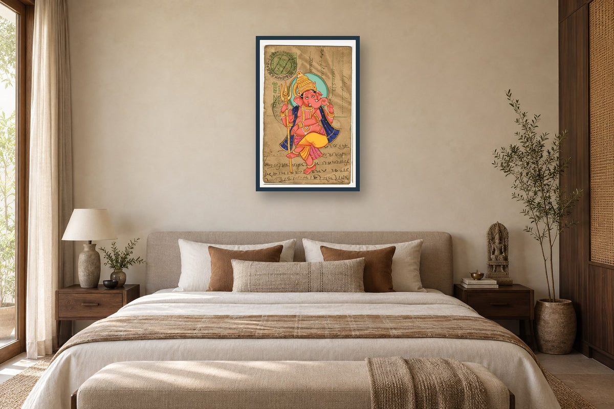 Shiv Ji Trishul Ganesha Postcard styled in a premium bedroom