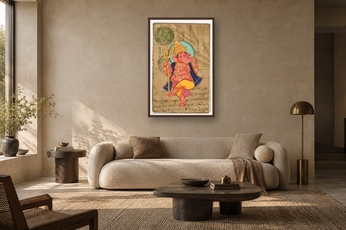 Shiv Ji Trishul Ganesha Postcard styled in a premium living room